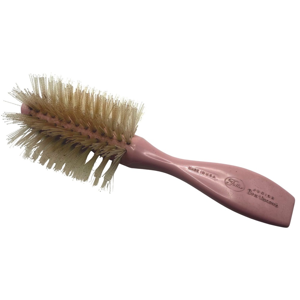 Vintage FULLER JR BRISTLE COMB Made In the USA Pink Half Round Crescent Brush